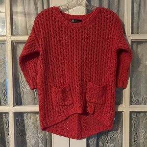 Women’s See Through Pink Sweater Pockets 3/4 Length Sleeves Holes